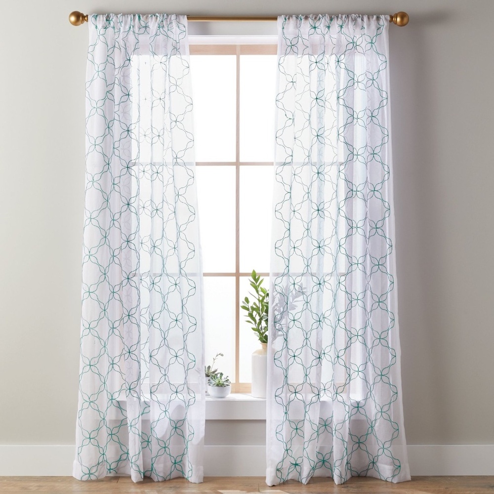 White Turquoise Embroidered Quatrefoil Sheer Curtains Panels-A Pair